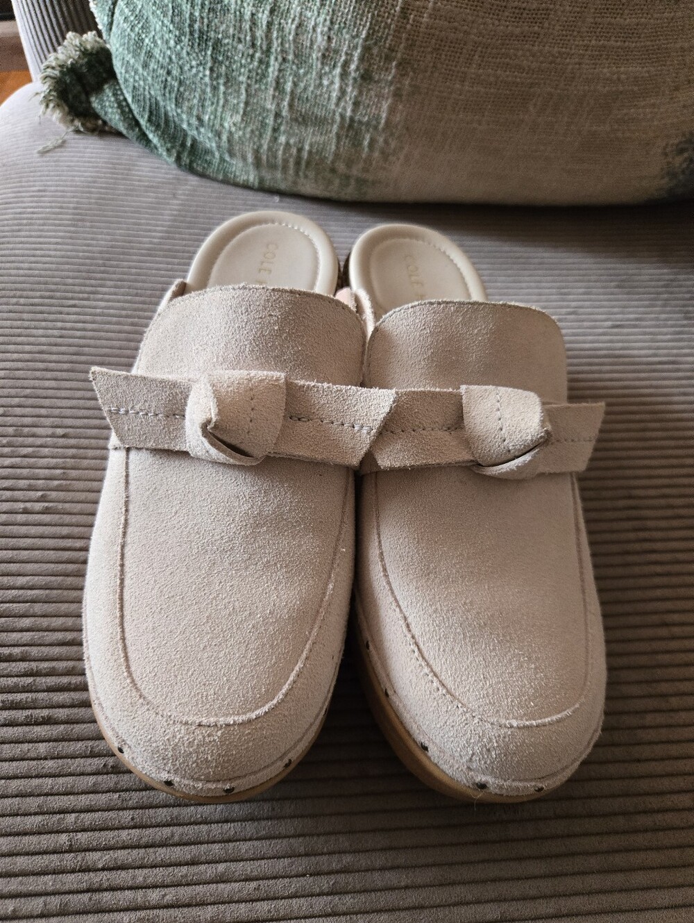 Cole Haan Beige Suede Slip-On Mules with Knotted Strap